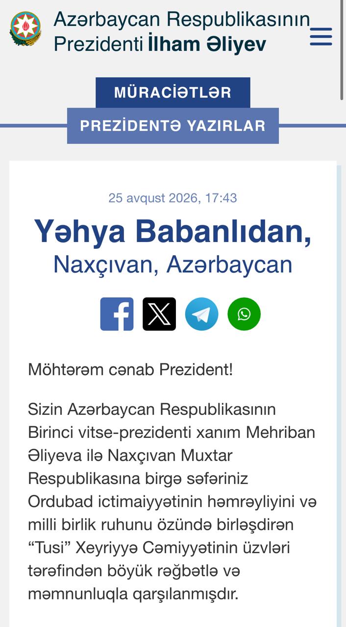 “Tusi” Xeyriyyə Cəmiyyəti İlham Əliyevə müraciət ünvanladı